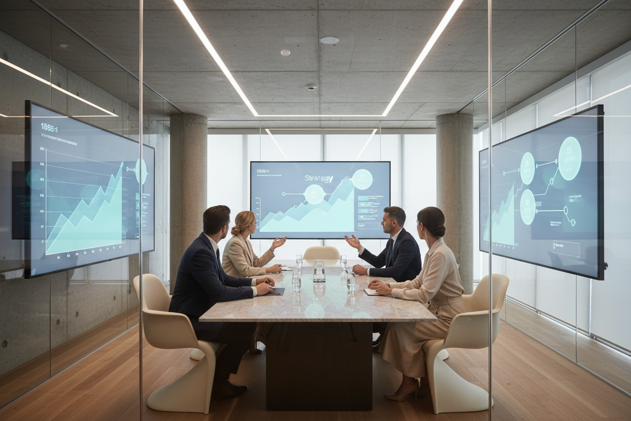 A modern, high-end business strategy scene inside a glass-walled conference room. A small group of founders and executives reviewing growth charts and strategy frameworks on large digital screens. Clean architecture, neutral tones, soft natural light, minimalist design, calm and focused atmosphere. No exaggerated emotions. Sophisticated, professional, enterprise-level sales strategy environment.