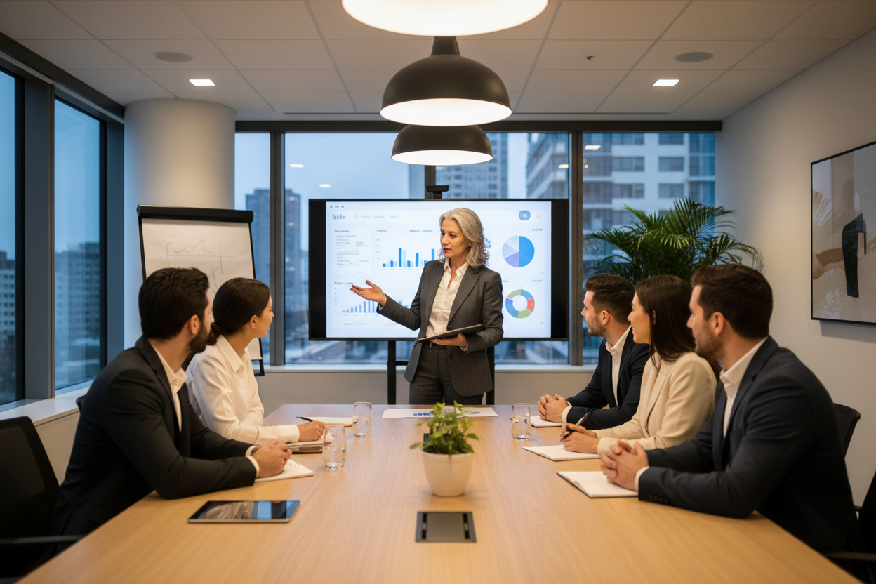 A senior sales leader guiding a team discussion in a professional business setting. One confident leader at the head of the table with a small sales team listening and collaborating. Modern office, warm neutral lighting, composed and authoritative tone. Emphasis on mentorship, leadership, and strategic oversight rather than hierarchy. Clean, premium, and realistic.