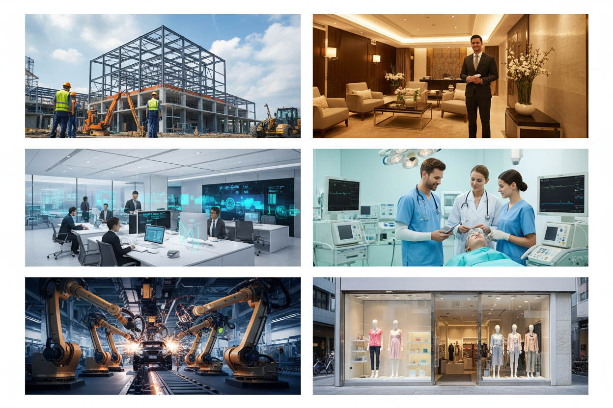 image with split screen between several industries construction, hospitality, tech and more